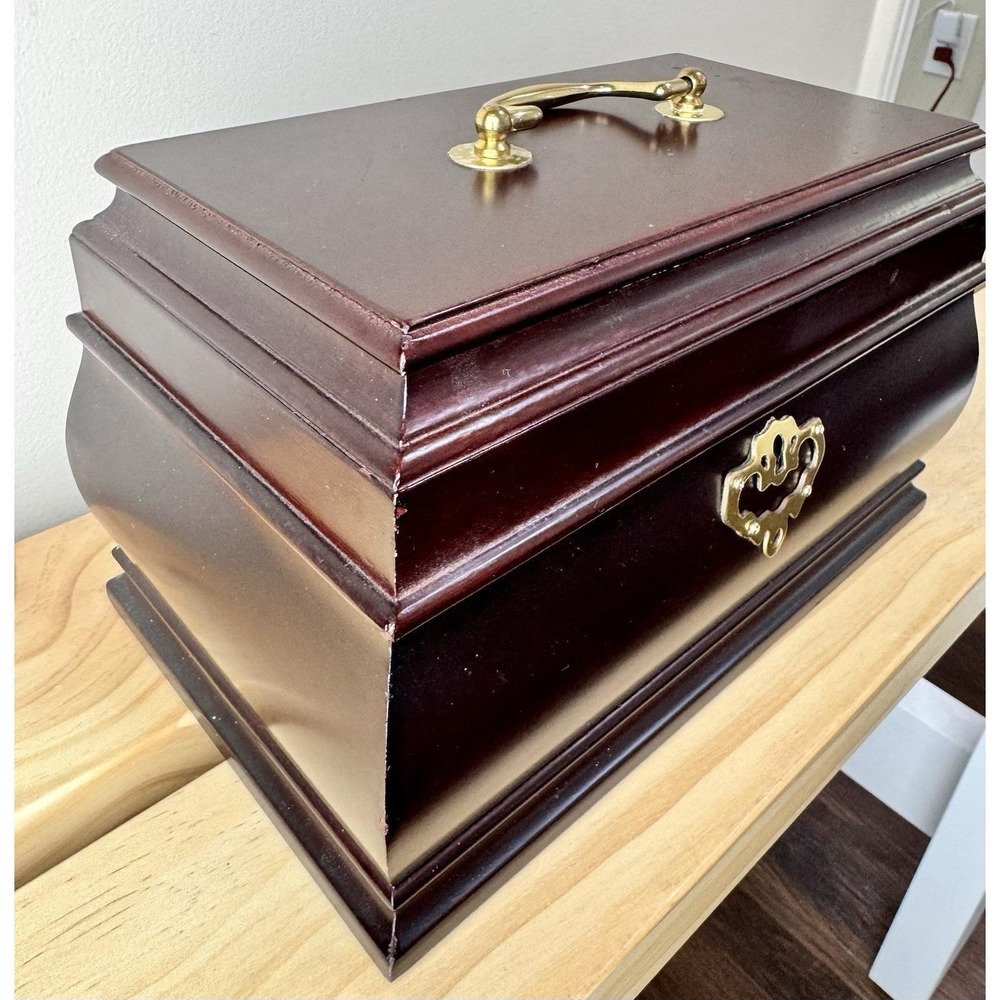 VTG Bombay Style Wooden Jewelry Box  Brass Cherry‎ Tone Red Velvet Interior - Picture 4 of 10